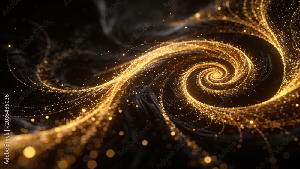 Obraz premium Golden swirling light particles on dark background