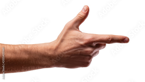 Male hand pointing finger gun gesture, right arm visible