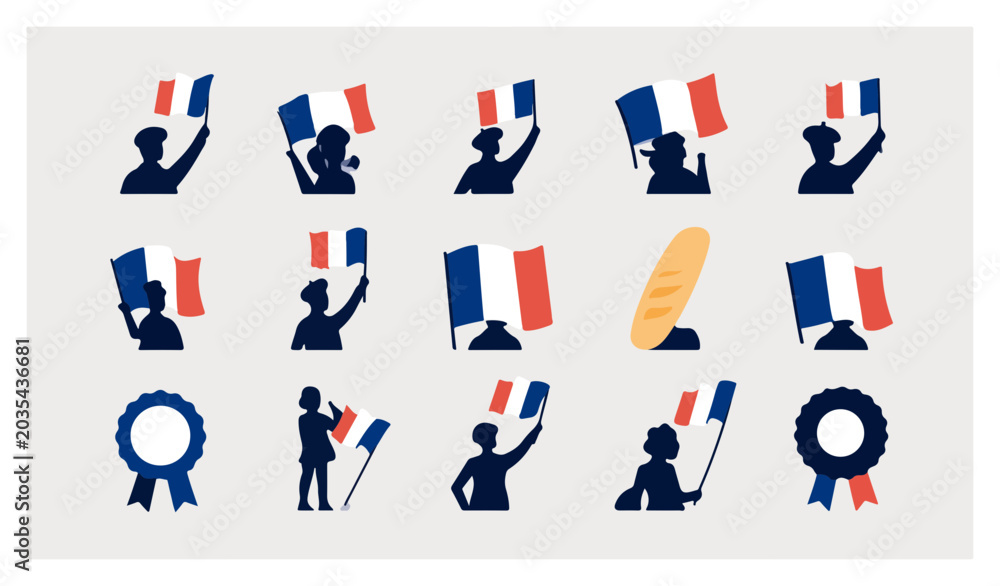 Fototapeta premium French Flag Silhouette Celebration Icons Set.