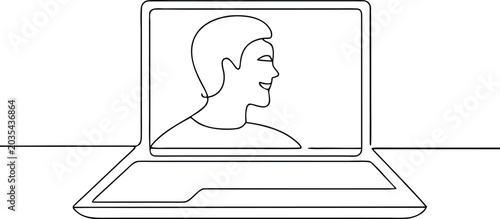 Continuous line art of person profile appearing on laptop screen for video communication.