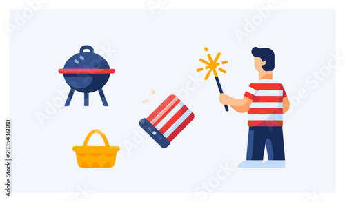 Man holding sparkler near barbecue grill.