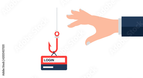 Phishing Attack Concept with Hand Reaching for Login Button on a Fishing Hook - Cyber Security Threat and Online Fraud Illustration