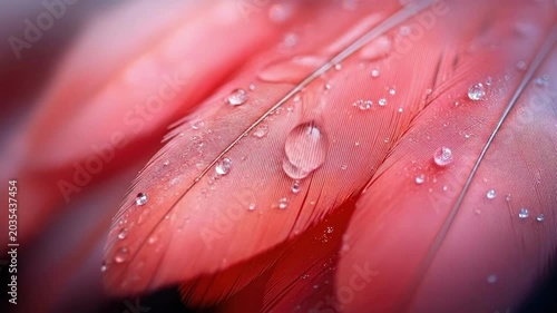 Close-up of pink feather with water droplets and delicate texture