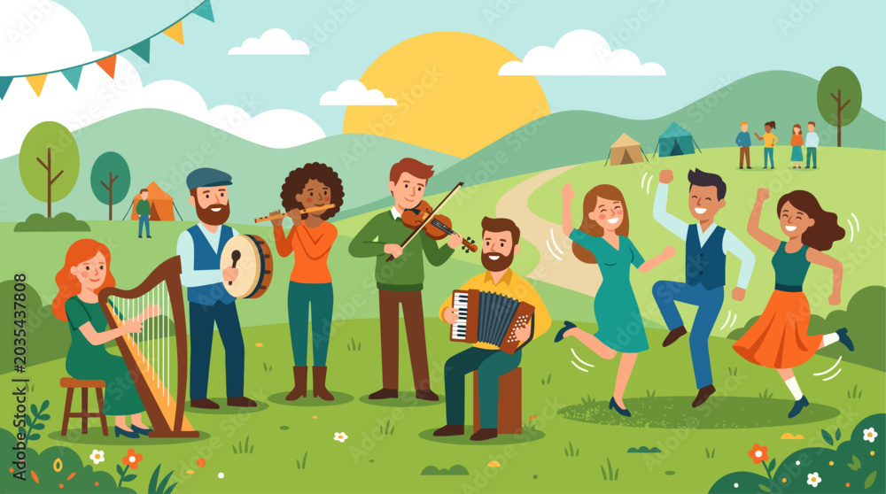 Fototapeta premium This flat design illustration captures the lively spirit of Lughnasa, featuring people playing traditional instruments and dancing with joy. 