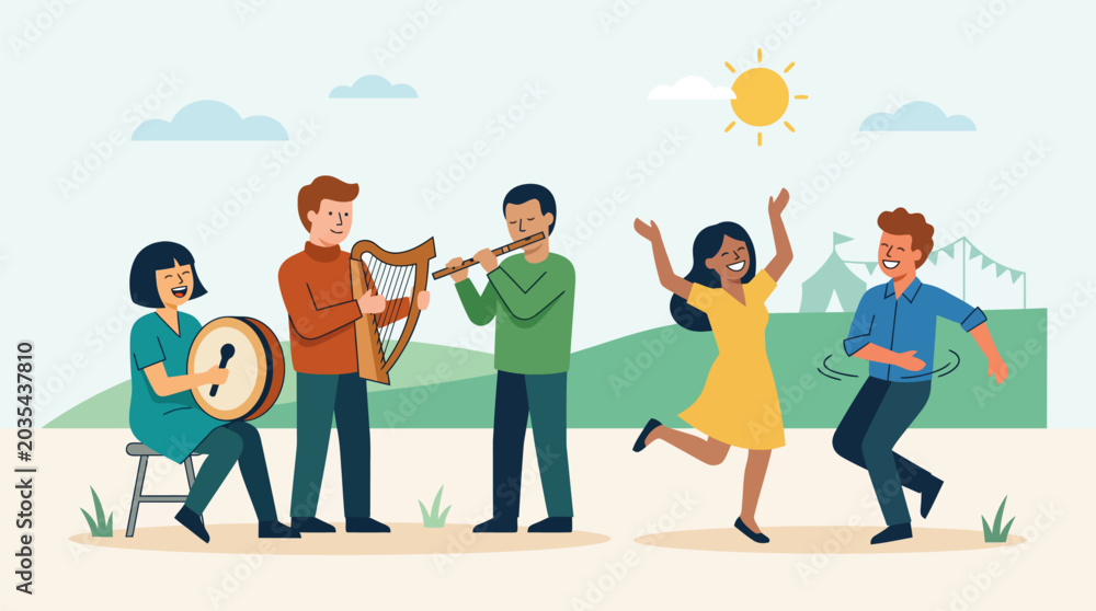 Fototapeta premium This flat design illustration captures the lively spirit of Lughnasa, featuring people playing traditional instruments and dancing with joy.