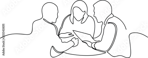 Minimalist continuous line art of three business people collaborating around office table.