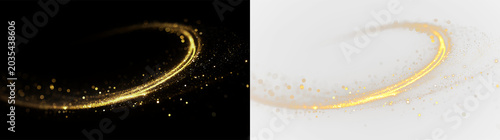 Swirling particles create a golden trail isolated on transparent and black background, in a creative design scene, light overlay, PNG