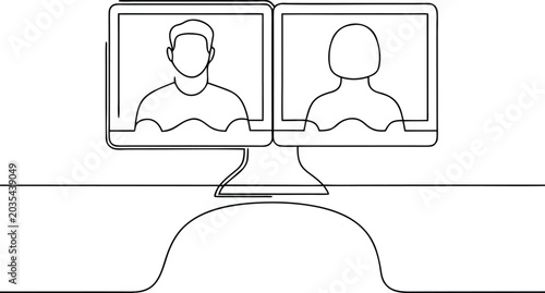 Konstfotografi Single line drawing of dual monitors showing video call participants and viewer silhouette