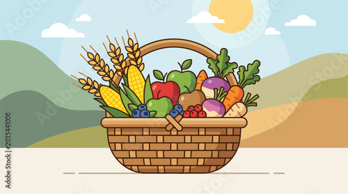 This flat design illustration features a charming woven basket overflowing with fresh, seasonal produce, symbolizing the rich bounty of the Lughnasa harvest.