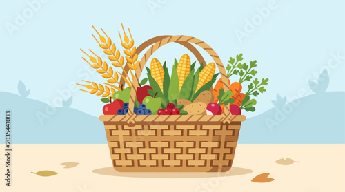 This flat design illustration features a charming woven basket overflowing with fresh, seasonal produce, symbolizing the rich bounty of the Lughnasa harvest.