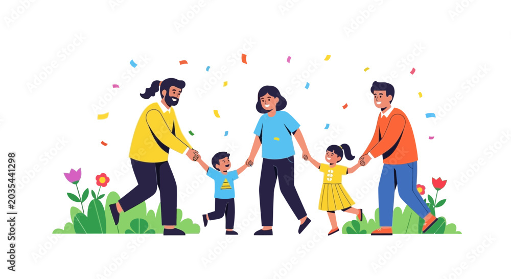 Naklejka premium Happy Diverse Families Holding Hands and Dancing in Confetti Celebration