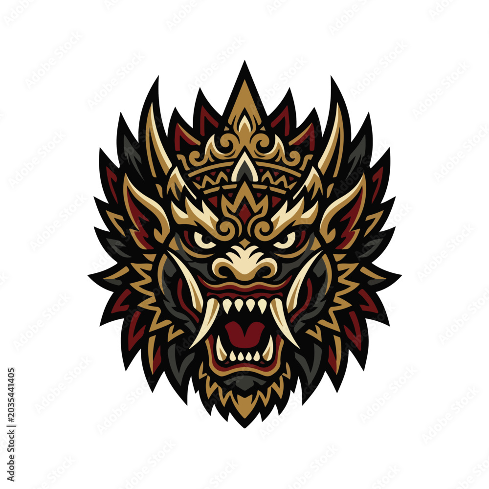 Obraz premium Balinese Barong Dragon Mask Vector Mascot Logo Design