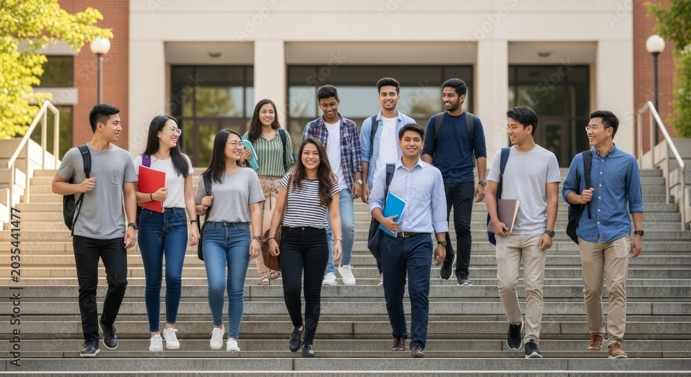 Obraz premium Diverse group of young students walking down stairs on a university campus