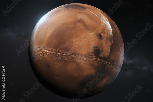 Mars Planet in Deep Space — Full View of Red Planet with Valles Marineris Canyon, Starfield Background & Sunlight Glow