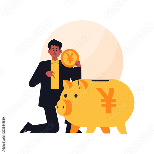 Businessman saving money in piggy bank with Yen sign. Financial investment and Japanese economy concept