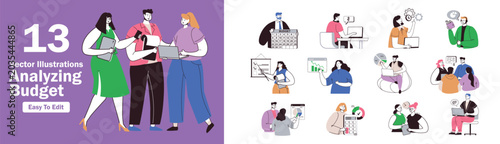 Analyzing budget concept set in flat design for web. Collection with people planning financial strategy, accounting income, evaluating income performance graph and savings. Vector illustrations.