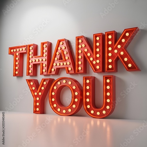 Red illuminated thank you sign with yellow lights on white surface.
