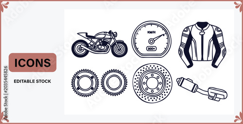 Foto Motorcycle and motorcycle parts icons including bike speedometer gear jacket and