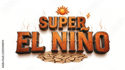Super El Nino text effect with sun and lightning bolt on cracked dry earth and smoke