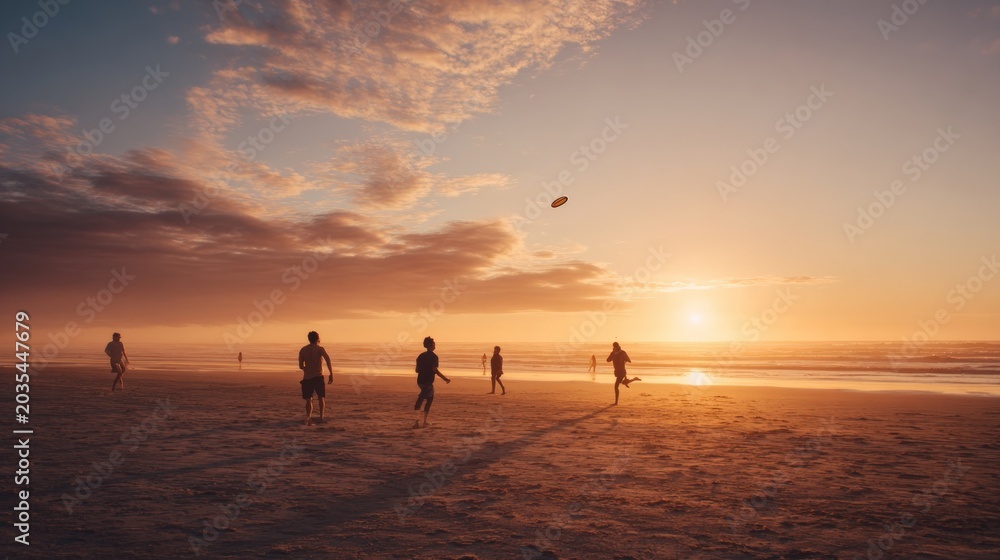 Fototapeta premium Beach sunset people playing frisbee