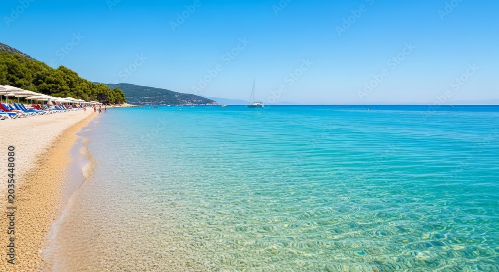 Fototapeta premium Crystal clear turquoise sea waters gently lap onto a sun-drenched sandy beach with a distant sailboat under a bright blue sky.