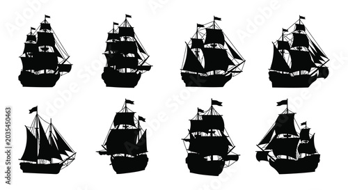 Billede på lærred Sailing Ship Silhouettes On White Background Nautical Vessel Collection