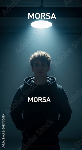 Man standing alone under a bright overhead spotlight