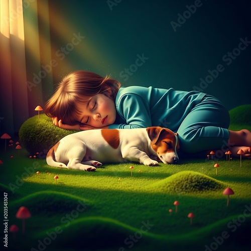Little girl and puppy sleeping together on a grassy hill