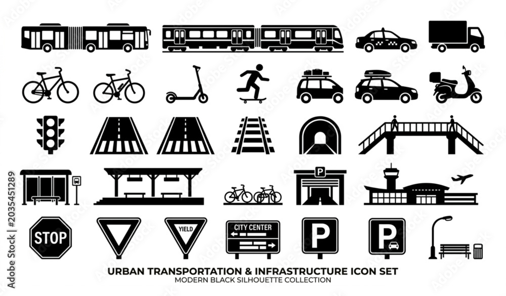 Obraz premium Urban Transportation And Infrastructure Black Silhouette Icon Set