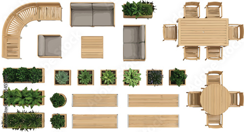 Outdoor furniture set with wooden tables chairs sofas and potted plants top view vector illustration collection