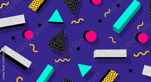 memphis style abstract geometric retro pattern with colorful 3d shapes on a vibrant purple background ideal for digital art