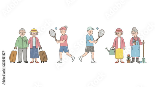 active senior couples enjoying diverse hobbies and healthy lifestyles including travel playing tennis and gardening leisure activities