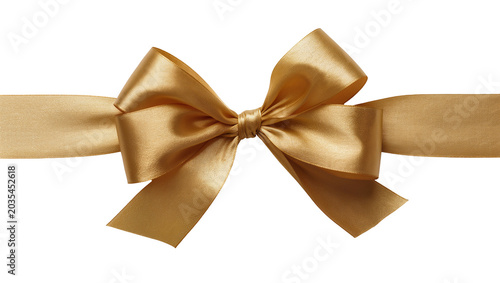 Schilderij op canvas Golden satin ribbon bow with flowing tails