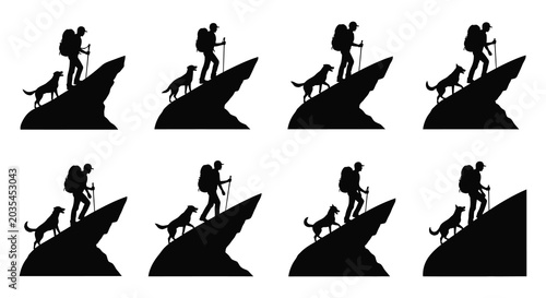 Tableau sur toile Hiker And Dog Silhouette Collection On Mountain Landscape Black And White