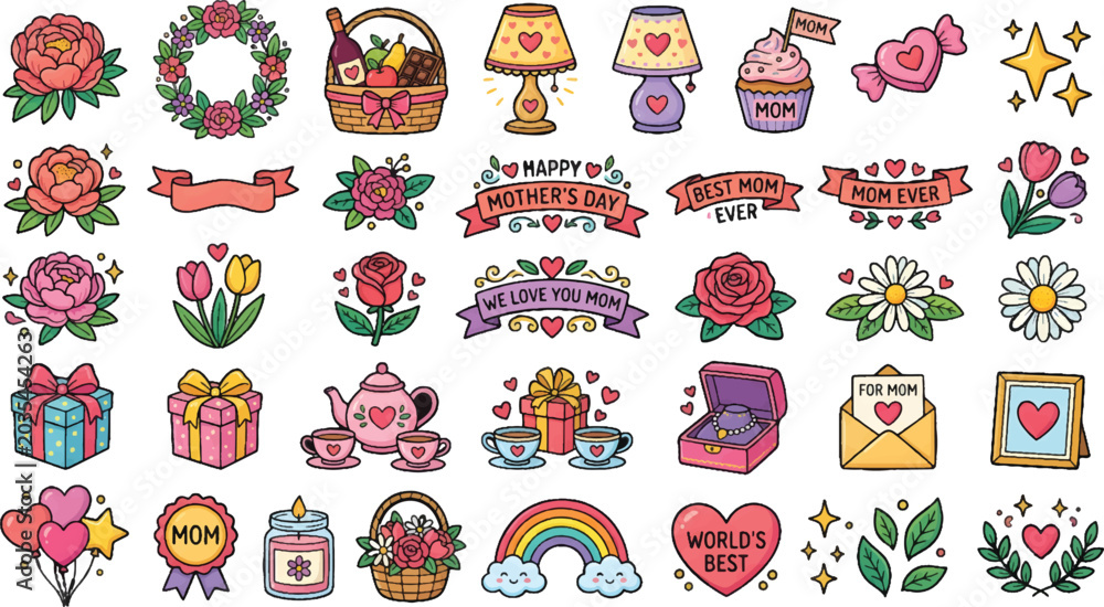 Obraz premium Colorful Valentines Day stickers with flowers and gifts in pastel lighting for social media