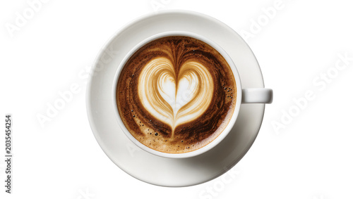 Photos Cappuccino coffee with heart latte art in white cup and saucer