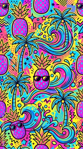 Pop art tropical pineapples palm trees neon waves