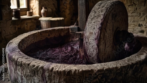 winepress. Ancient stone wine press with deep purple grape residue, textured surface in soft window light. bar promotions, beverage menus, designed for food & beverage menus and cafe branding.
