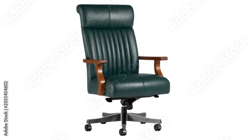 Foto Executive green leather office chair with wooden armrests and metal base