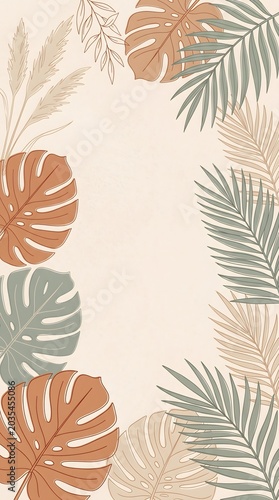 Beige background with tropical leaves terracotta sage and tan elegant botanical decorative frame design