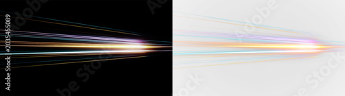 Colorful light trails isolated on transparent and black background, creating a dynamic visual effect at various angles and distances in modern design, light overlay, PNG