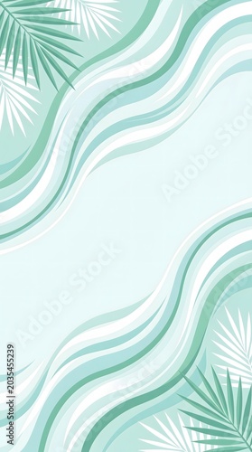 Abstract wavy lines tropical palm leaves mint background