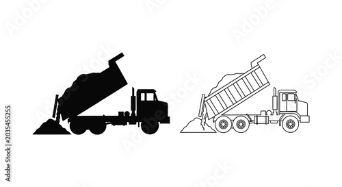 Photos Dump truck silhouettes and line art on a white background