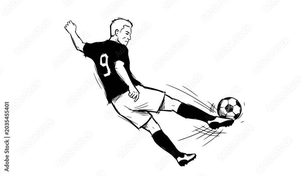 Fototapeta premium Football Striker Imperfect Hand Drawn Style Dynamic Soccer Player Vector Illustration