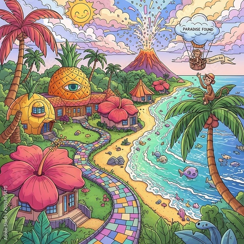 Colorful cartoon tropical island with pineapple houses and monkeys