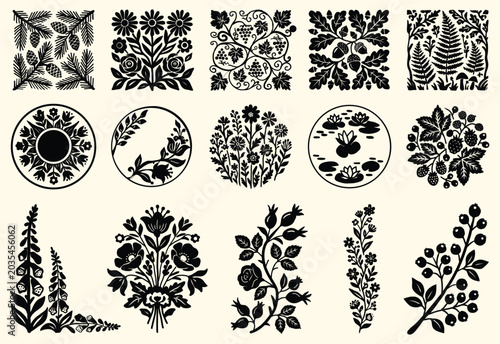 Groovy folk art block print botanical tiles. black floral squares, circles, pine needles, fern, berries, poppy, wild flowers. for rustic fabric patterns, woodcut stamp prints. vector graphic set.