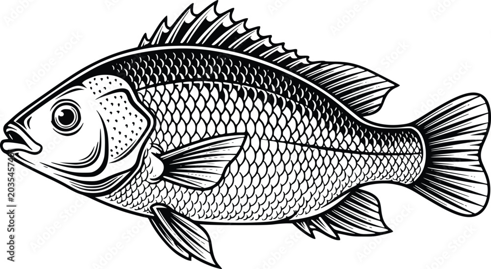 Fototapeta premium Hand Drawn Tilapia Fish Vector Illustration Black and White Vintage Engraving Style