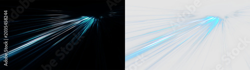Bright blue light beams extend outwards from a central point isolated on transparent and black background, light overlay, PNG