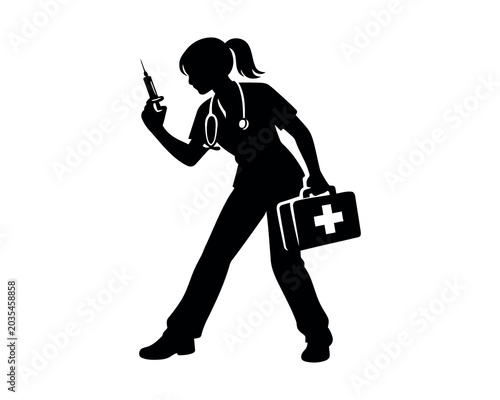 Young girl nurse silhouette vector.