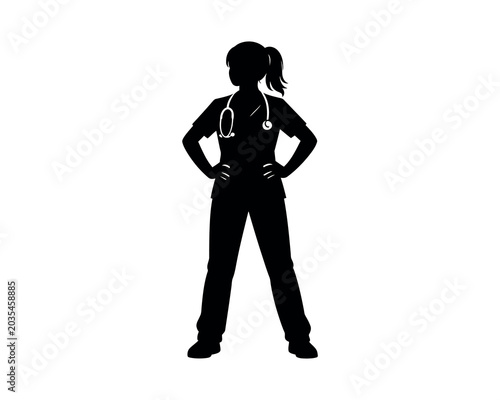 Nurse, medical professional, healthcare worker, black and white vector illustration.